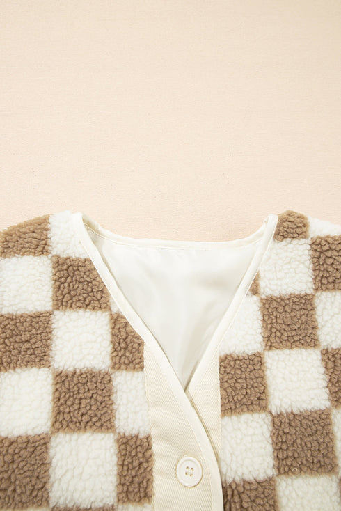 Checkered Sherpa Fleece Button Front Collarless Oversized Jacket
